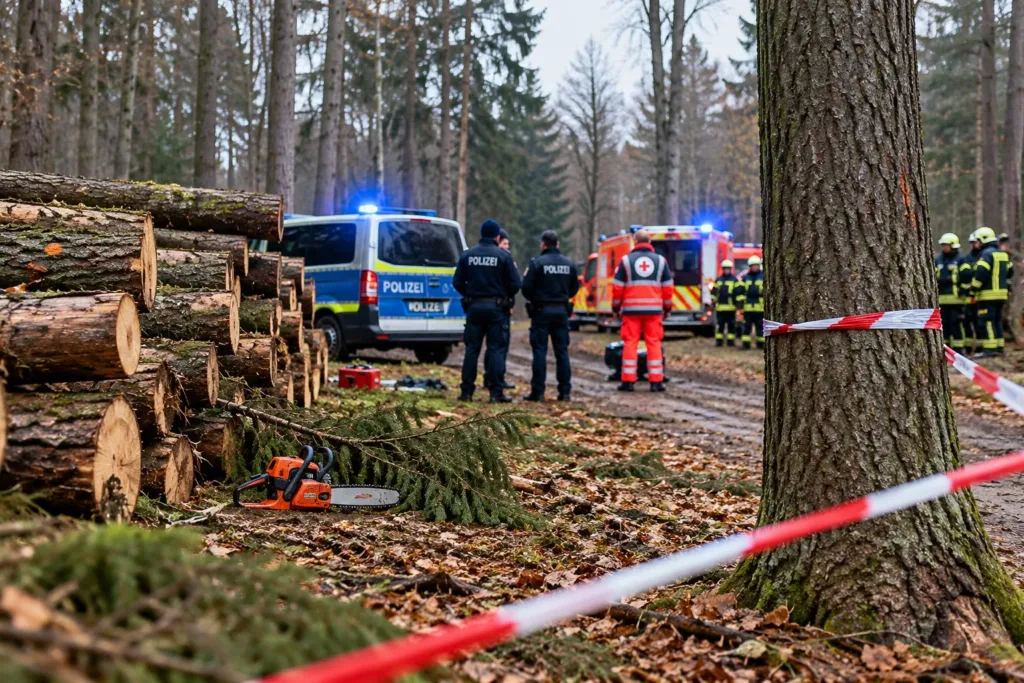 Symbolbild eines Forstunfalls mit Polizeifahrzeug, Rettungswagen und Einsatzkräften in einem Waldgebiet. Bei Hammelburg starb ein 48-jähriger Forstarbeiter während Baumfällarbeiten.