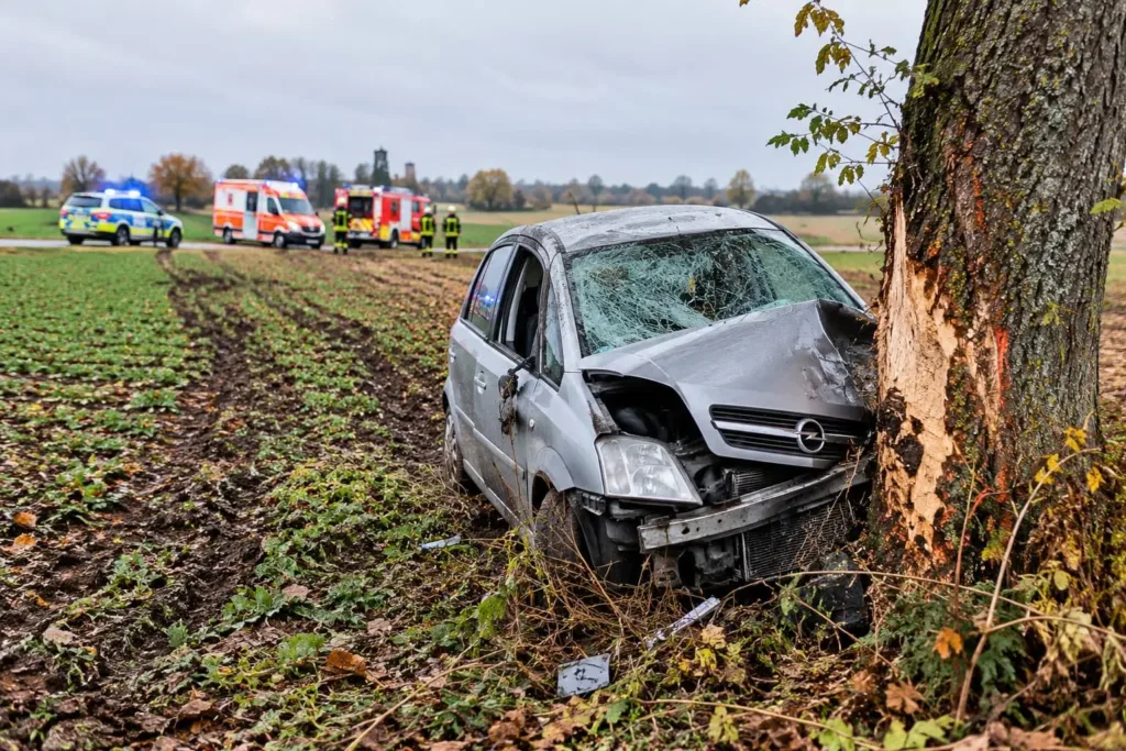 KI-generiertes Symbolbild eines schweren Verkehrsunfalls: Ein silberner Opel steht nach einem Zusammenstoß mit einem Baum auf einem Acker. Im Hintergrund sind Polizei und Rettungskräfte zu sehen.