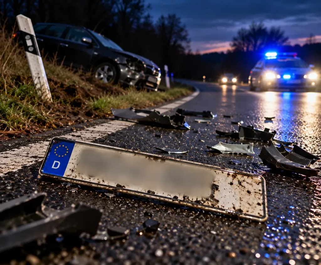 KI-generiertes Symbolbild einer Unfallflucht bei Hammelburg. Ein verlorenes vorderes Autokennzeichen und Fahrzeugtrümmer liegen auf einer Landstraße. Im Hintergrund sind ein beschädigter Pkw und ein Polizeifahrzeug zu sehen.