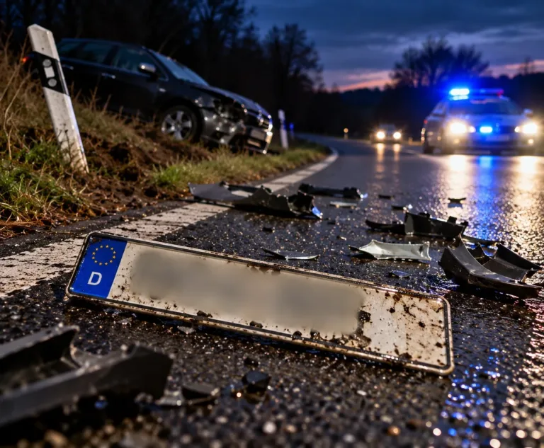KI-generiertes Symbolbild einer Unfallflucht bei Hammelburg. Ein verlorenes vorderes Autokennzeichen und Fahrzeugtrümmer liegen auf einer Landstraße. Im Hintergrund sind ein beschädigter Pkw und ein Polizeifahrzeug zu sehen.