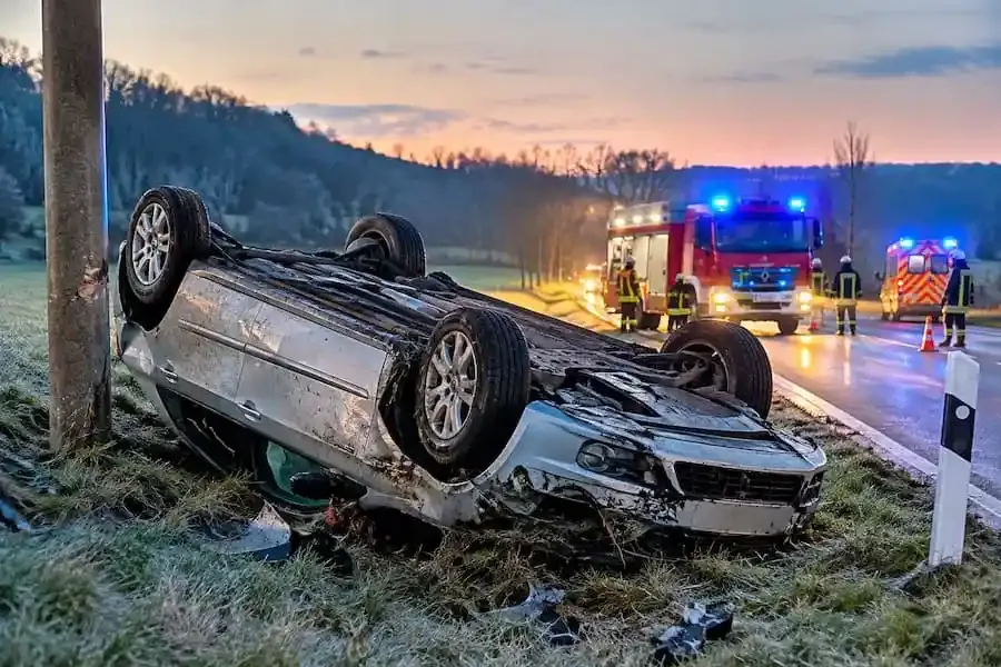 Symbolbild eines Wildunfalls: Ein Auto liegt nach einem Unfall auf dem Dach neben einer Landstraße. Feuerwehr und Rettungsdienst sind im Einsatz.