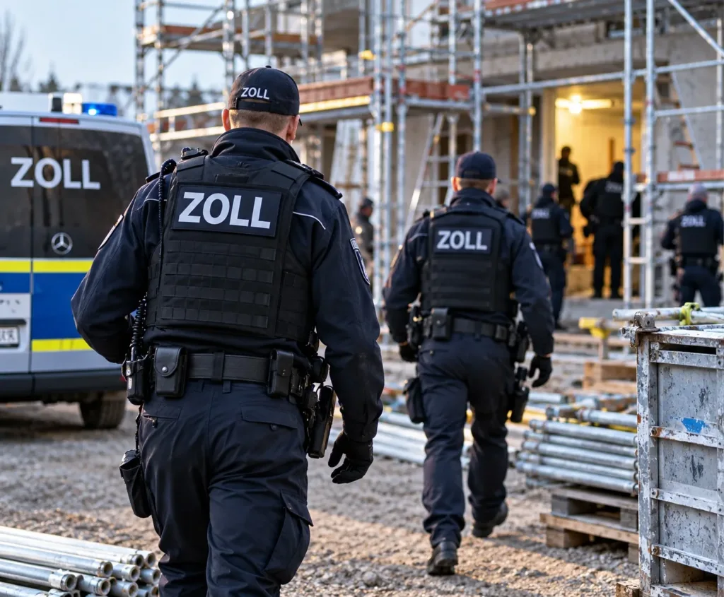 KI-generiertes Symbolbild einer Zollkontrolle auf einer Baustelle mit Gerüstbau. Der Zoll ermittelt wegen mutmaßlicher Schwarzarbeit und illegaler Beschäftigung. Rund 180 Einsatzkräfte durchsuchten 17 Objekte in Bayern und Hessen.
