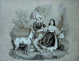 Tapetenmanufaktur Schloss Mainberg. Tapete mit satirischer Darstellung, um 1848 – Foto: Stadt Schweinfurt
